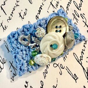 Under the Sea CUFF BRACELET Hand Crocheted in Ocean Blue Cotton Yarn OOAK